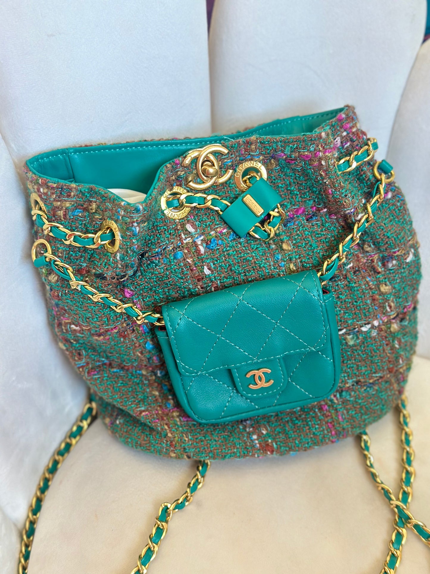 **DUPEE** CHAN3L TWEED BUCKET BAG (GREEN)