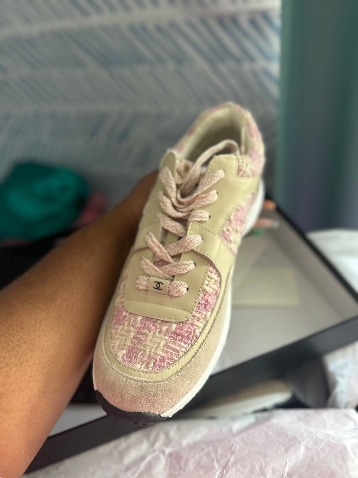 **DUPE** CHAN3L TWEED SNEAKER (PINK & NUDE) WMNS 9